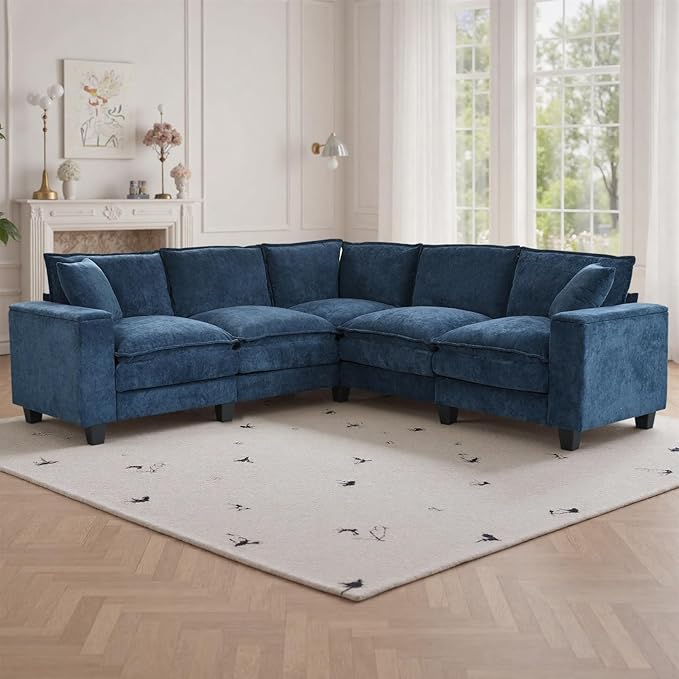 97 L Shaped Couch Corner Sofa 5 Seater Oversized Cloud Couch with 2 Pillows Chenille Modular Sectional Sofa Armrests with Two Hidden Storage Space Sectional Couches for Living Room Dark Blue