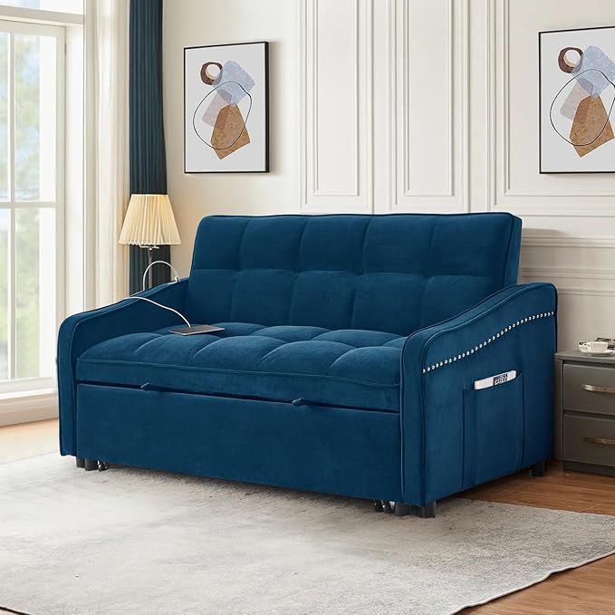 Antetek 3 in 1 Sleeper Sofa Couch Bed with USB &amp Type C Port 52 Small Modern Convertible Tufted Velvet Loveseat Sofa w/Pull Out Bed for Living Room Small Space Apartment Blue