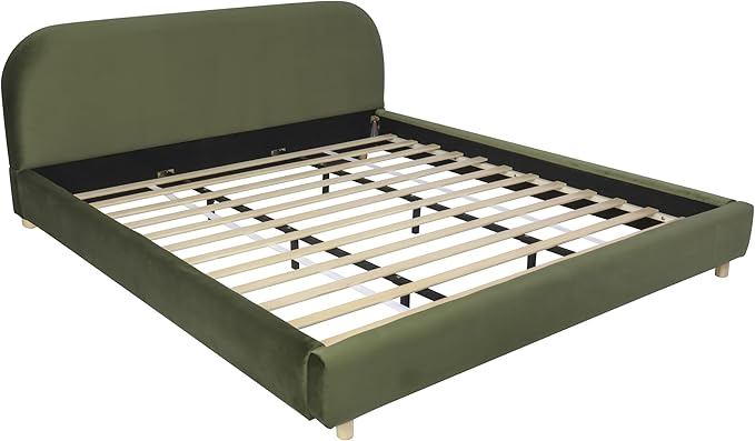 Merax King Size Teddy Fleece Thick Fabric Upholstered Platform Bed with Curved Shaped Headboard Wood Bed Frame with Solid Round Legs for Kids Teens Adults Olive Green