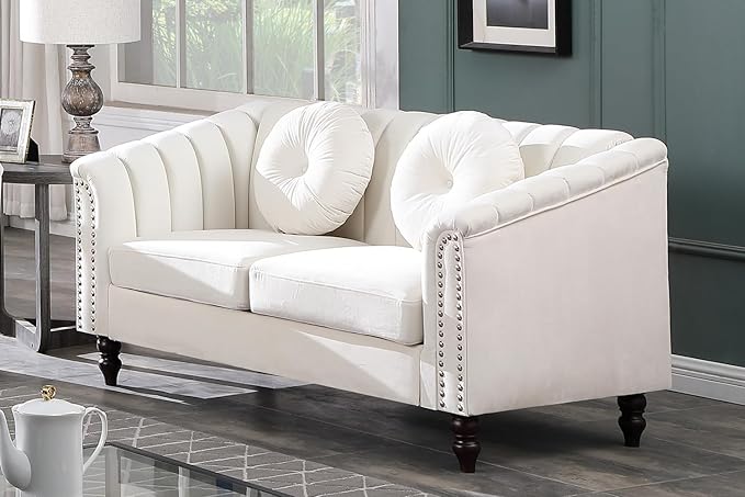 Chesterfield Loveseat Couch 60 Inch Luxurious Velvet Modern Love Seat Chesterfield Settee Sofa Upholstered Rolled Arm with Rivets/2 Button Tufted Pillow 2 Seater Sofa for Living RoomWhite