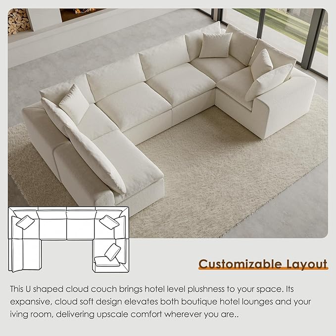 130 Oversized Boneless Cloud Couch Modular Sectional Couches for Living Room U-Shaped with Deep Seats No Assembly Required 6-Seater Washable Fabric Sleeper Sofa White