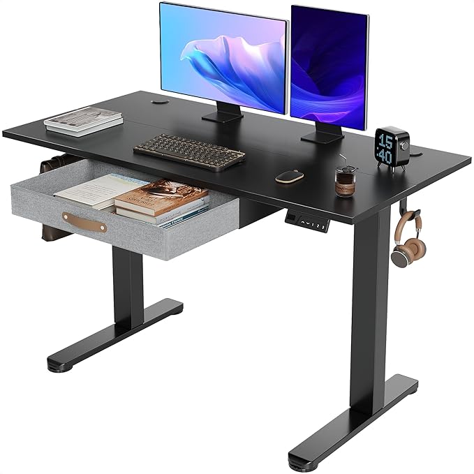 Seang Standing Desk with Drawer 48 x 24 Height Adjustable Stand Up Desk 3 Memory Height Settings with Cable Grommets &amp Storage Hooks Ideal for Home &amp Office Black