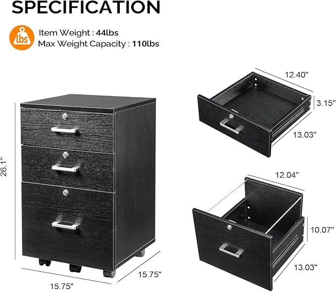 VINGLI 3-Drawer File Cabinet with Lock Wood Rolling Filing Cabinets for Home Office Mobile Printer Stand Under Desk File Organizer for Letter Sized Files 26 H(Caster Included) Black