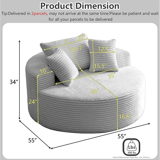 55''L Oversized Round Chaise Longue Chair Indoor Corduroy Sponge Single Sofa Oversized Round Chairs Modern Sleeper Chair for Living RoomProjection Room Wide Armrest Chairs Light Grey