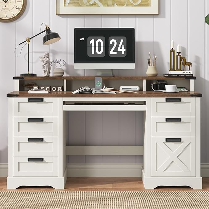 60 Farmhouse Executive Desk with 8 Drawers Wood Computer Desk with Keyboard Tray and Charging Station Home Office Desk Writing with File Drawer Fits A4 Size for Work and Study White and Brown