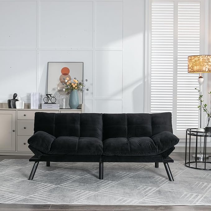 LLS 70.87 Velvet Futon Sofa Bed Modern Convertible Sleeper Sofa Couch with Adjustable Backrest and Armrests Tufted Loveseat Sofa with Metal Legs for Living Room Bedroom Apartment Black