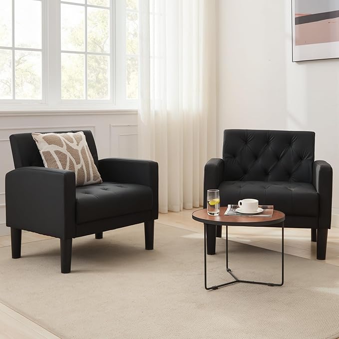 TYBOATLE Accent Chair Comfy Living Room Chair Black Leather Tufted Mid Century Modern Accent Chairs Small Cozy Reading Arm Chair for Office Bedroom (1 Black)