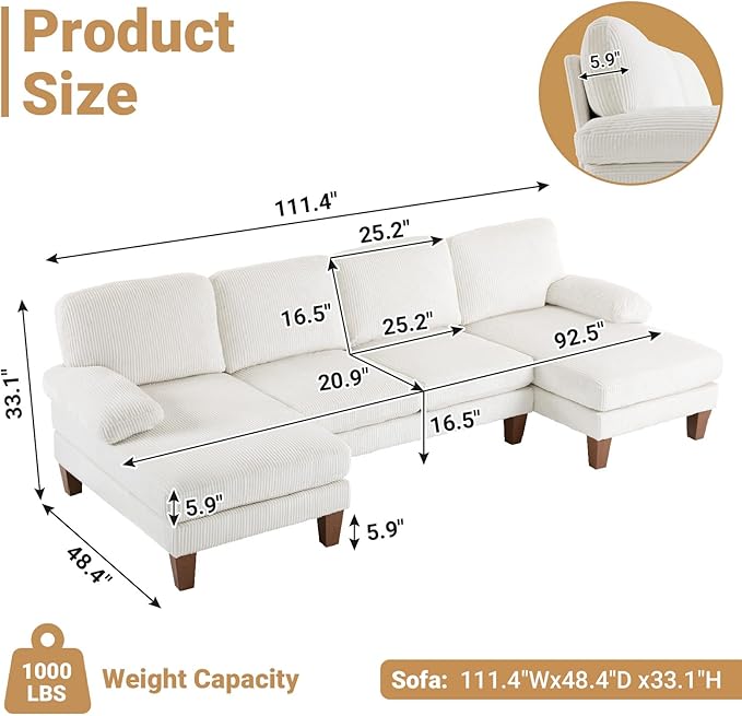 VINGLI 110' U Shaped Comfy Sectional Couch Double Chaise Sofa in Corduroy Fabric for Apartment 4-Seater Upholstered Couch with Memory Foam Modern Couches for Living Room Small Space Beige