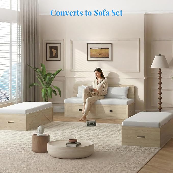 PUREMIND Murphy Bed Queen with Mattress Included Wood Cabinet Bed with Dual Storage Drawers &amp 2 Pillows 3-in-1 Convertible Sofa Beds for Small Space Guest Room Home Office Natural