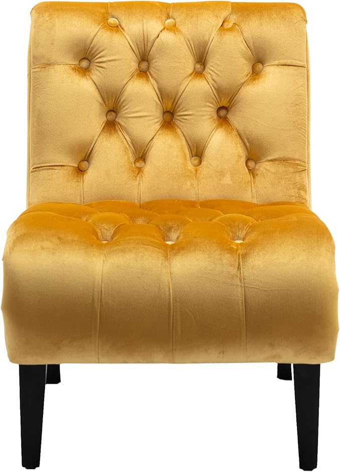 Modern Armless Living Room Chair/Leisure ChairUpholstered Fabric Button Comfortable Chair with Wooden Legs for Bedroom Living Room Office (Mustard)