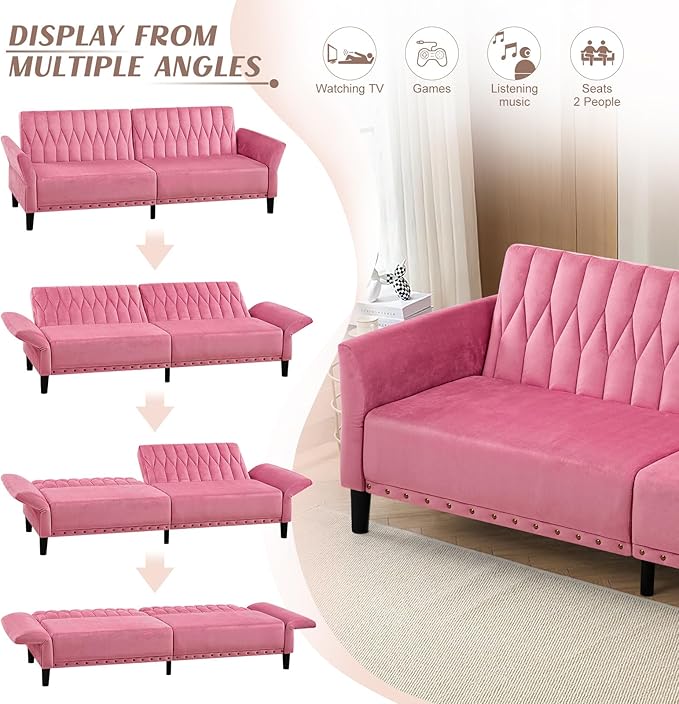 77” Velvet Sofa Bed with Adjustable Armrests and BackrestsTufted Convertible Futon Couch with Nailhead Trim Loveseat Modern Velvet Sleeper Sofa for Living RoomBedroomOfficePink