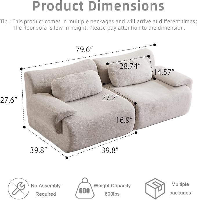 79.6 Boneless Couches for Living Room Set Cloud Modular Sectional Sofa in a Box Memory Foam Modern Couch Big Comfy Compressed Sofas Loveseat for Small Spaces Bedroom Apartment Ash Grey