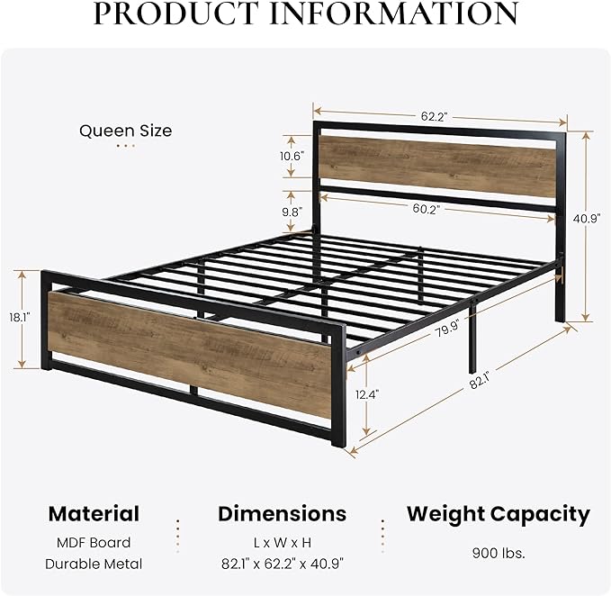 SHA CERLIN Queen Size Bed Frame with Modern Headboard Heavy Duty Platform Metal Base with Square Footboard and 13 Strong Slats Support No Box Spring Needed Brown