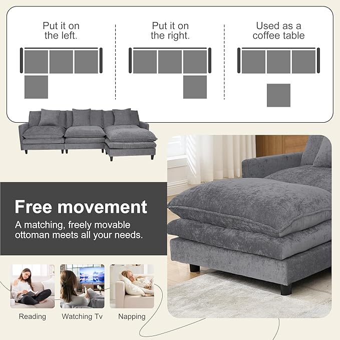 108.27 Modular Convertible Sectional Couch 4 Seat L Shaped Sofa Reversible Chaise Sectional Sofa Deep Seat Cloud Couch Chenille for Home Apartment Dorm
