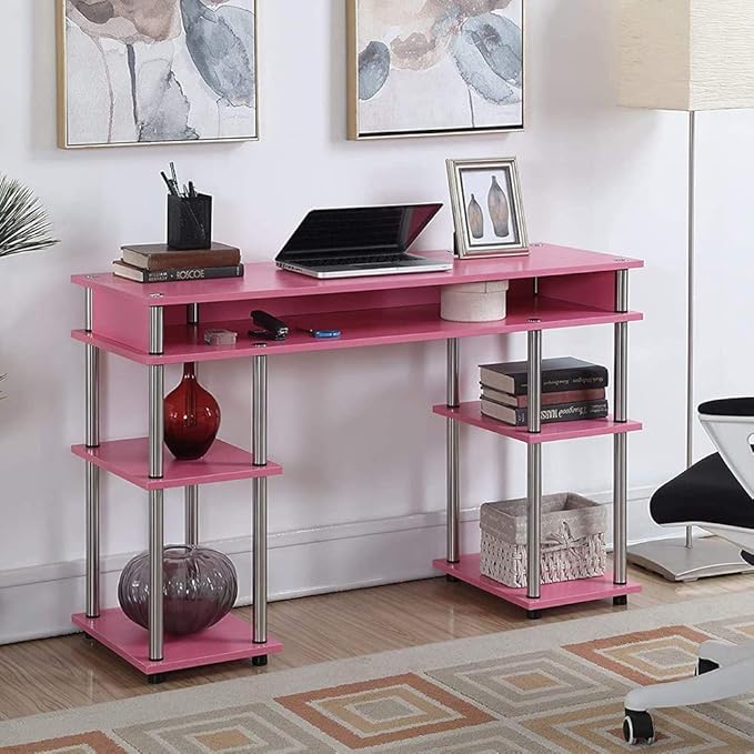 Convenience Concepts Designs2Go No Tools Student Desk 47.25 - Contemporary Office Dorm Room Desk and Vanity with Storage Shelves Pink