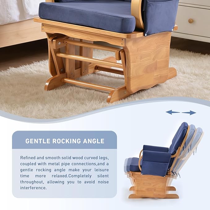 Solid Wood Glider Gentle Rocking Chair Stylish Modern Glider Rocker with Padded Cushion Smooth Rocking Motion Indoor Living Room ReadingWatchingSleeping Beech Color+Blue