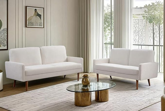 Kent 2 Piece Velvet Sofa and Loveseat Set European Style with Modern &amp Vintage Flair Upholstered 5 Seater Couch Chic Living Room Furniture Seating for Home Apartment or Office Ivory