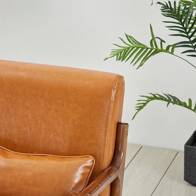 Glitzhome 2 Set Mid Century Yellowish Brown Accent Armchair Single Reading Armchair PU Leather Lounge Chair with Walnut Ruberwood Frame