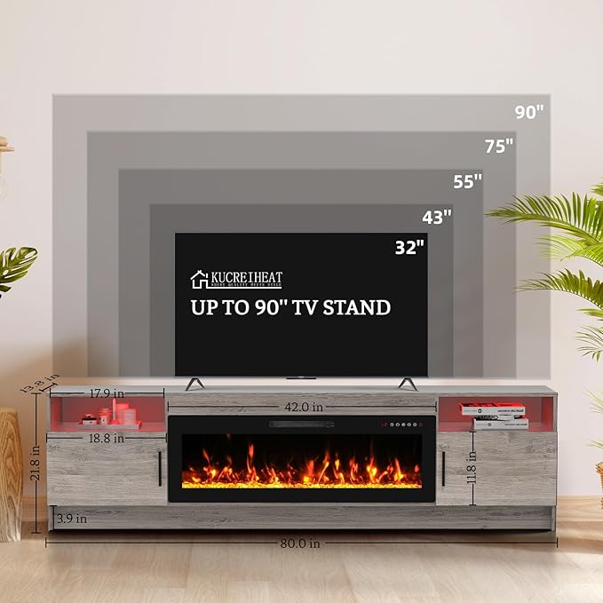 80'' TV Stand with 42''Fireplace-Grey Entertainment Center for 90 inch TV- TV Cabinet with LED Light Storage High Glossy Door Rustic TV Console for Living Room