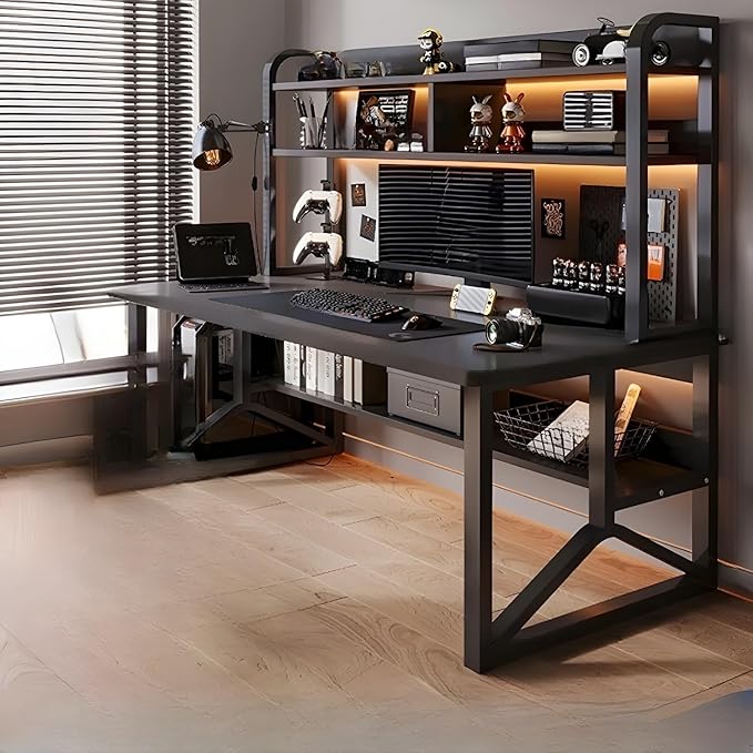 LITFAD Rectangular Wooden Office Desk Modern Computer Desk with Metal Frame and Bookshelf Writing Desk for Home Office - 1 Piece Black 39.4 L x 19.7 W x 59.1 H Desk only