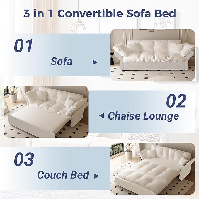 74.8 Queen Size Sleeper Sofa with Pull Out Bed 3-in-1 Convertible Loveseat Sofa with 2 Pillows Portable Pull Out Chaise for Living Room Apartment Small Spaces Beige