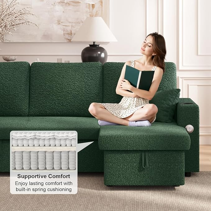Sleeper Sofa Bed 4-in-1 Pull Out Couch with Reversible Chaise | Dual USB &amp Type-C Charging | Dual Cup Holders | Layered Storage (Armrest + Chaise) for Living Room (Classic Green)