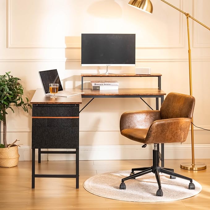 Homy Casa 48.8-Inch L-Shaped Computer Desk with Storage Bag and Desktop Rack – Durable Metal Frame Ample Storage Ideal for Home Office or Studio Use (Brown)