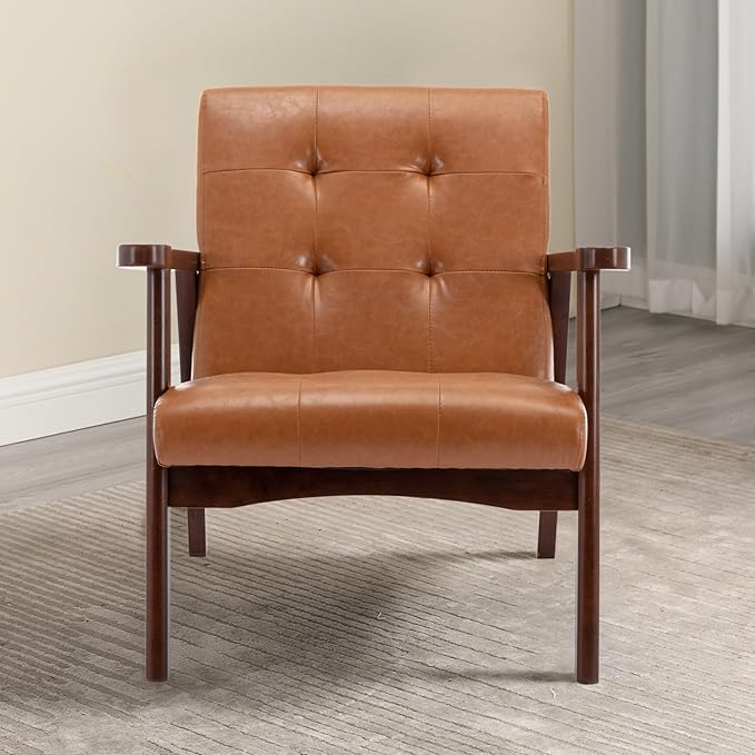 Accent Chair Mid Century Modern Chair for Living Room Comfy Faux Leather Armchair with Solid Wood Frame Soft Thick Padded Side Chairs Easy Assembly Set of 2 Brown