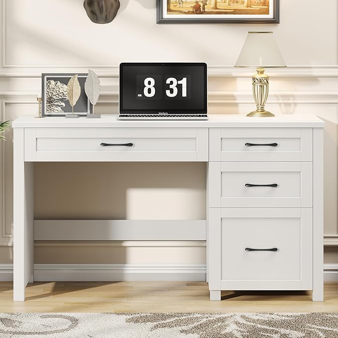 Vabches Farmhouse 47 Executive Desk Computer Desk with File Drawer and Charging Station Workstation for Home Office StudyCream White.