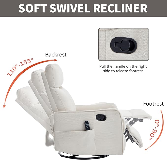 High Back Massage Recliner with Heat - Swivel Rocking Chair for Small Spaces Manual Lazy Boy Recliner for Adults Perfect for Living Room &amp Bedroom Soft Fabric (Beige)