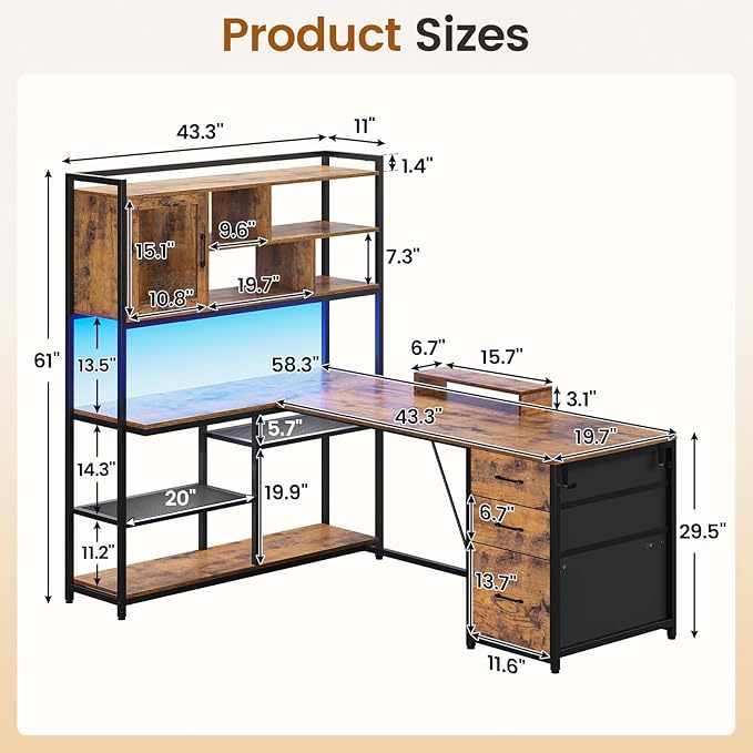 SEDETA L Shaped Computer Desk 58'' Office Desk with 3 Drawers and Bookshelf L Shaped Corner Desk with Storage Shelves and LED Light for Home Office Gaming Desk L Desk Rustic Brown