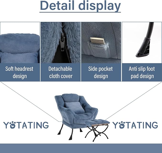 Lazy Chair with Ottoman Comfy Reading Lounge Chair with Footstool &amp Throw Pillow Modern with Armrests &amp Side Pocket for Living Room Bedroom Dorm Room Plush Light Blue
