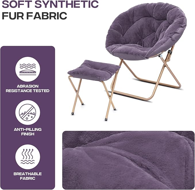 Cozy Saucer Chair Living Room Chair Faux Fur Soft Thick Padded Folding Chair Comfortable Moon Chair for Living Room Bedroom Reading Nook Modern Style 2 Pack Purple