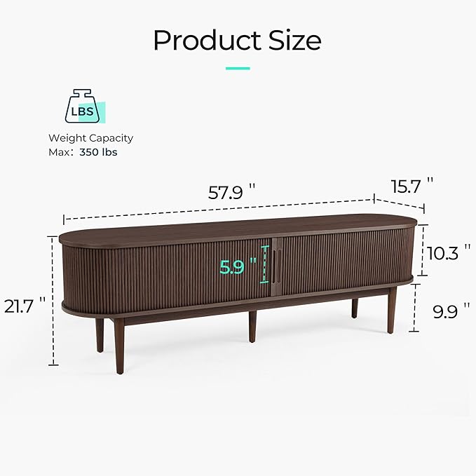 LINSY HOME 58 Fluted TV Stand for TVs up to 65 Inch Mid Century Modern Entertainment Center with Storage Cabinet and Sliding Doors Farmhouse Wood Media TV Console for Living Room Bedroom Walnut