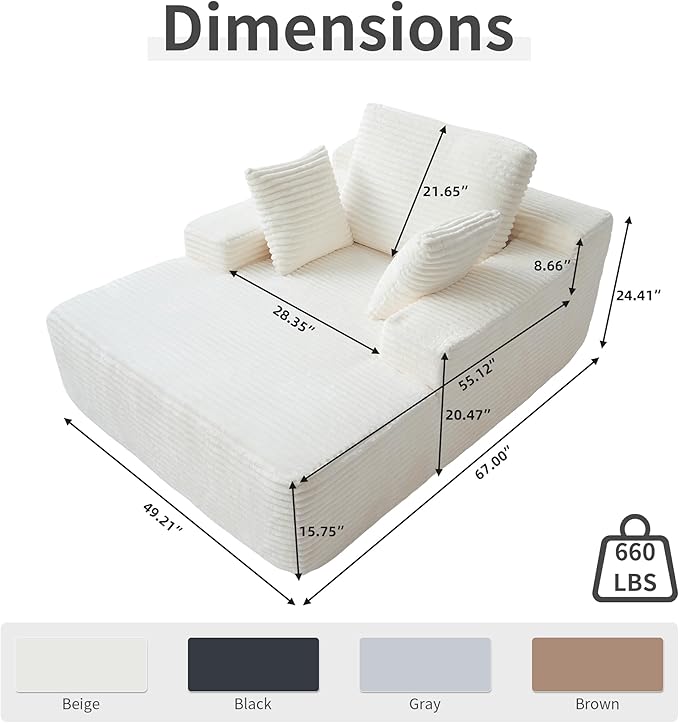 WJShome Oversized Chaise Lounge Chair Indoor Plush Corduroy Boneless Sofa Bed Cloud Reading Chair with Throw Pillow for Living Room (White)