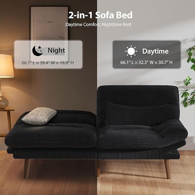 PERLECARE Convertible Futon Sofa Bed 66 Corduroy Futon Couch with Adjustable Backrest and Armrests 3-in-1Recliner Sleeper Sofa for Small Spaces Play RoomLiving Room or Office（66 inBlack） | Adjus