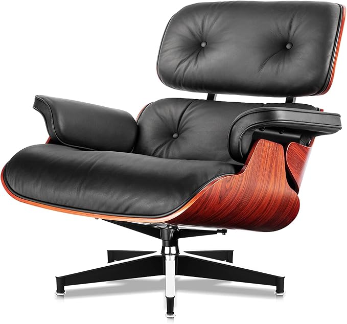 Top Black Grain Leather Mid Century Chaise Lounge Chair and Ottoman Modern Chair Classic Design Red Rosewood Heavy Duty Base Support for Living Room Office