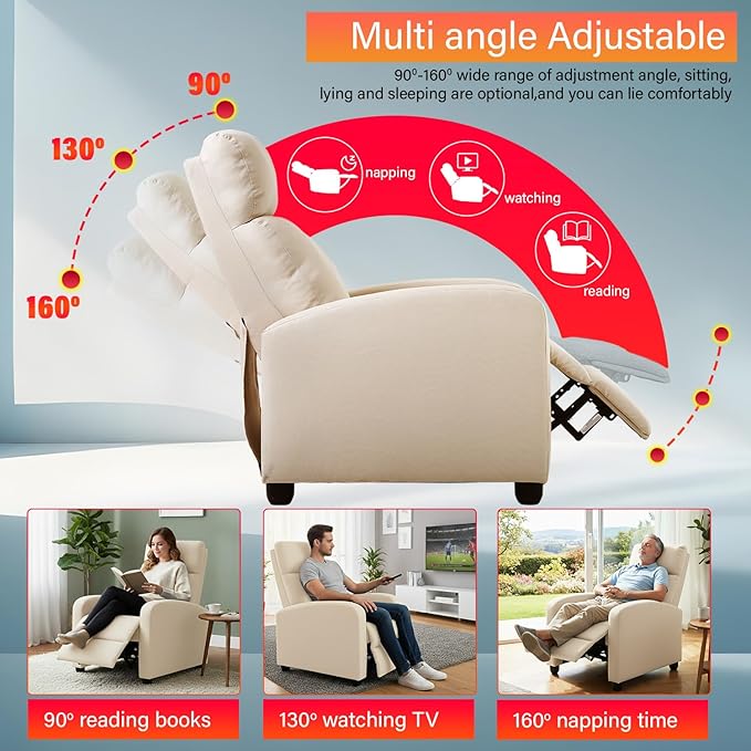 BestMassage | Recliner Chair | with 2 Point Massage Function | Textile Beige | with Lumbar Support Adjustable Push Back Footrest &amp Padded Seat | Easy Assembly | for Living Room Home Theatre
