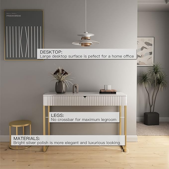 Elegant Modern Desk 2 Drawers Gold Legs 43.3x15.75 inches Home Office Makeup Vanity Computer Writing Study Entryway Sofa Table