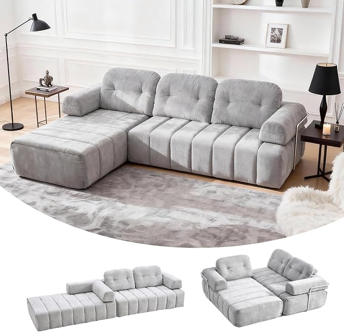 Modular Sectional Sofa with Chaise 104.33 L-Shape Boneless Couch with Pillows and Side Pockets 3-Seater Sectional Couches for Living Room Bedroom Chenille Fabric Grey
