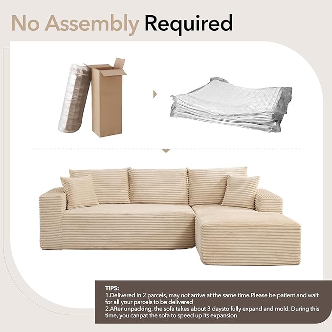 108 Cloud Sectional Couch with L-Shape Chaise Modern Modular Sofa with Deep Seat Boneless Cloud Couches for Living Room Bedroom No Assembly Required Plush Corduroy (Beige Right Facing Chaise)