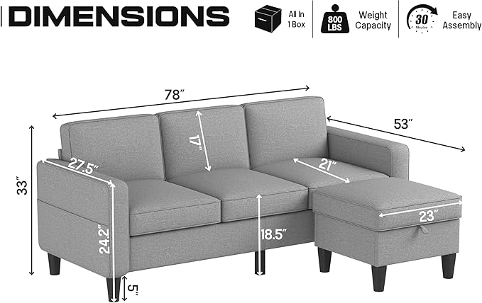 Couch for Living Room - 78'' Beige Linen 3 Seat L-Shaped Sectional Sofa Couches with Storage Ottoman - Modern Small Space Upholstered Furniture Sofa Set for Office Small Space Apartment (Grey-Linen)