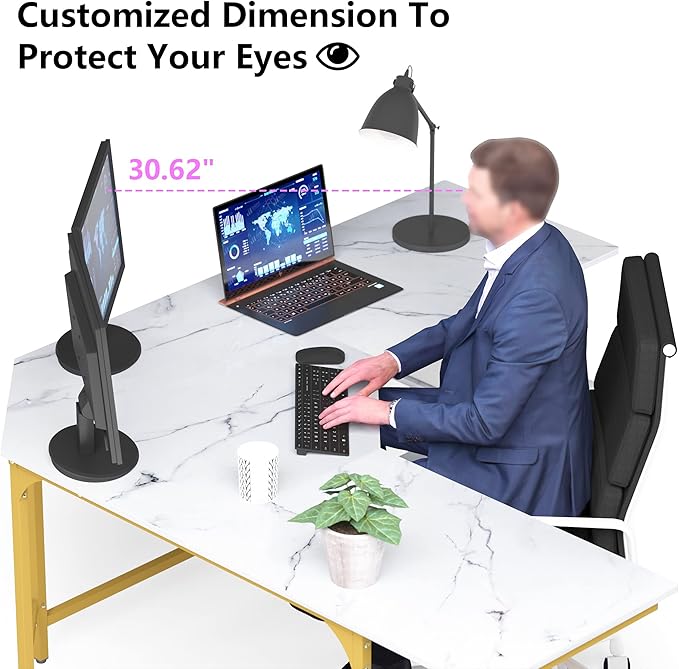 Teraves Modern L Shaped Desk with Shelves64.84 Computer Desk/Gaming Desk for Home OfficeCorner Desk with Large Desktop (White Marbling+ Gold Frame Large+4 Tier Shelves)