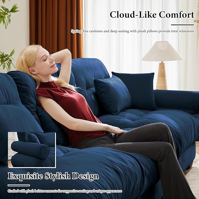 130 Oversized 3 Seater Modular Sectional Sofa Blue Large U Shaped Couch for Living Room Fluffy Velvet Cloud Set With Ottoman