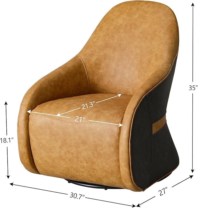 Two-Tone Leather Swivel Barrel Chair Accent Chair with Solid Wood Frame No Assembly for Living Room or Office (Camel)
