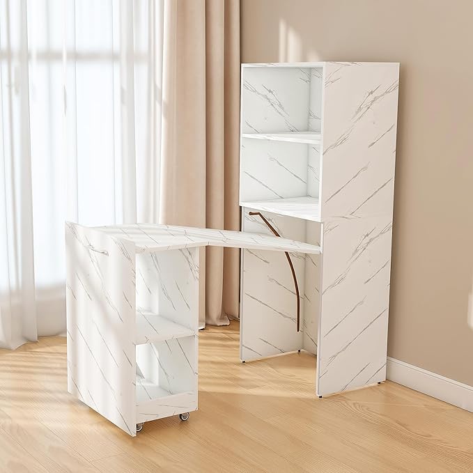 Foldable Office Desk Fold Out Convertible Hidden Murphy Computer Desk with Storage Shelves Multi-Function Folding Writing Table for for Small Spaces Home Office (White Marble)