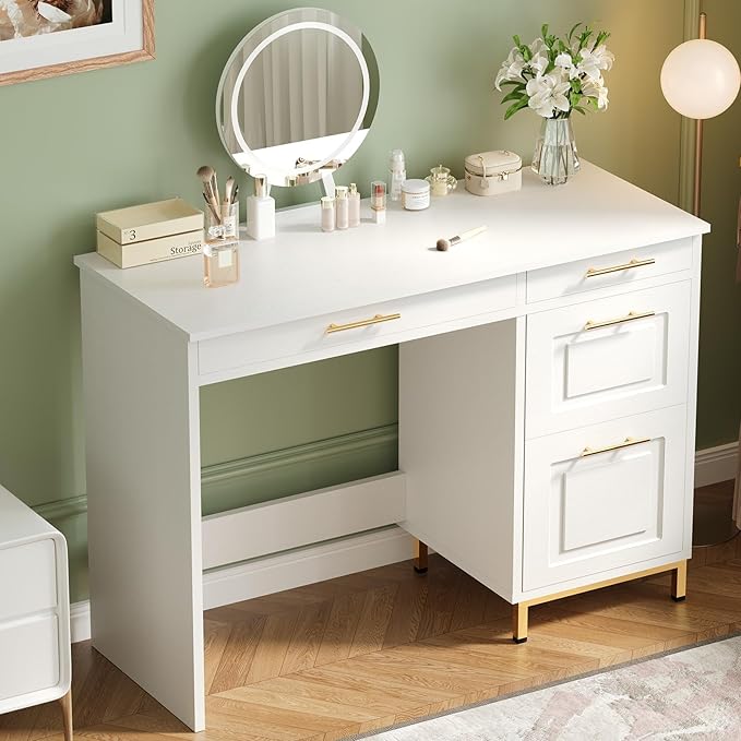 4 EVER WINNER White Desk with Drawers 44 Inch Computer Desk with Storage and Golden Handle Writing Desk Sturdy Table for Home Office White and Gold Desk
