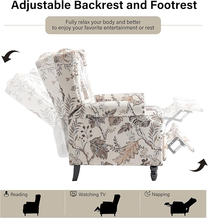 Recliner Chair Upholstered Wingback Floral Pushback Armchair with Adjustable Backrest &amp Footrest Comfy Accent Chair for Small Spaces Living Room Bedroom (Plants Beige Set of 1)