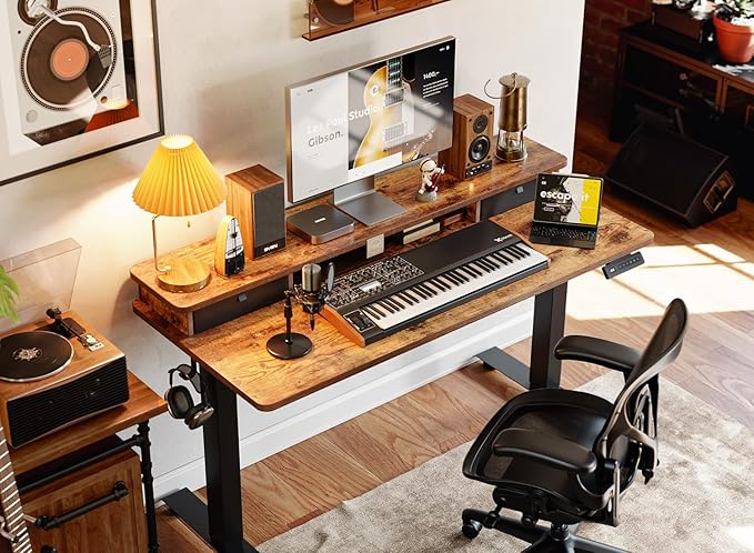 Cubiker 55 x 24 Electric Standing Desk with Double Storage Drawers Height Adjustable Home Office Computer Workstation 4 Adjustable Feet &amp 2 Hooks Rustic Brown