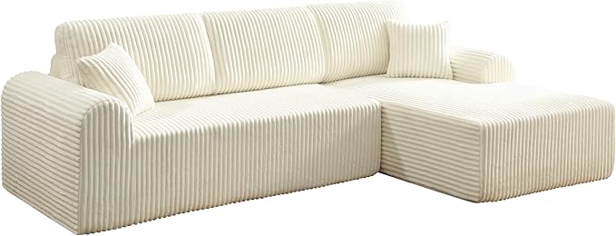 109-Inch L-Shaped Right Facing Boneless Corner Sofa 2 PCS Modular Sectional Cloud Sofa Couch with Chaise Lounge and Toss Pillow Corduroy Boneless L-Shaped Couches